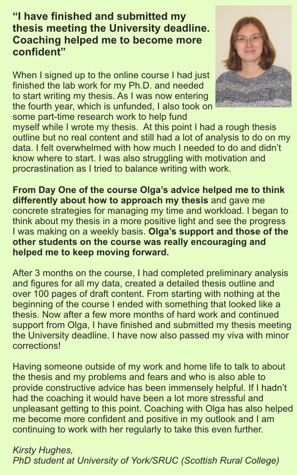 Testimonial for Olga's online course from Kirsty on writing thesis