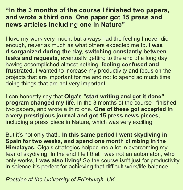 Testimonial for Olga's online course on paper writing