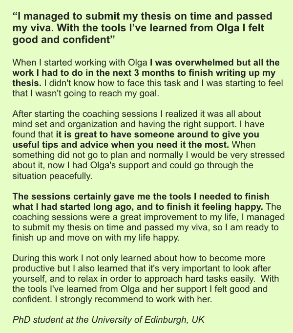 Testimonial for Olga's coaching for thesis writing